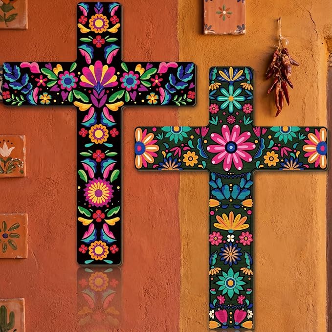 Pinkunn 2 Pcs Mexican Floral Cross Wall Decor Mexican Wall Art Hand Painted Decorative Inspirational Wooden Floral Cross Spanish Crucifix Decor for Home Room Church Decoration