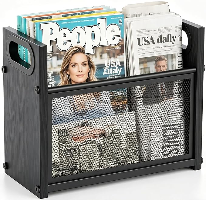 Magazine Rack Wood, Magazine Rack Floor Stand, Magazine Holder Storage Basket, Black File Storage Basket Box Bin Folder Organizer Stand for Letters, Magazines, Books, Newspapers