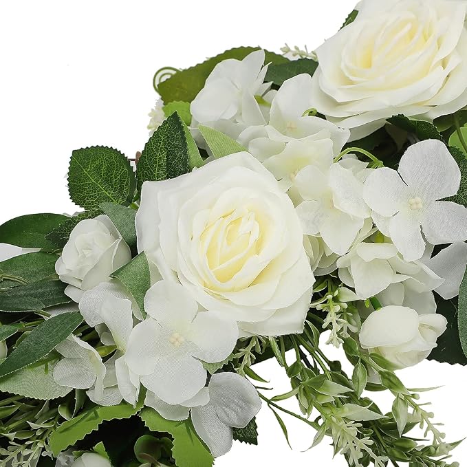 Artificial Peony Flower Swag, 29.6in Faux Eucalyptus Leaves Corner Rose Floral Swags, Artificial Mirror Flower Chair Back Flower Swags for Sheer Drapes, Wedding Chair, Arbor, Wedding(White)