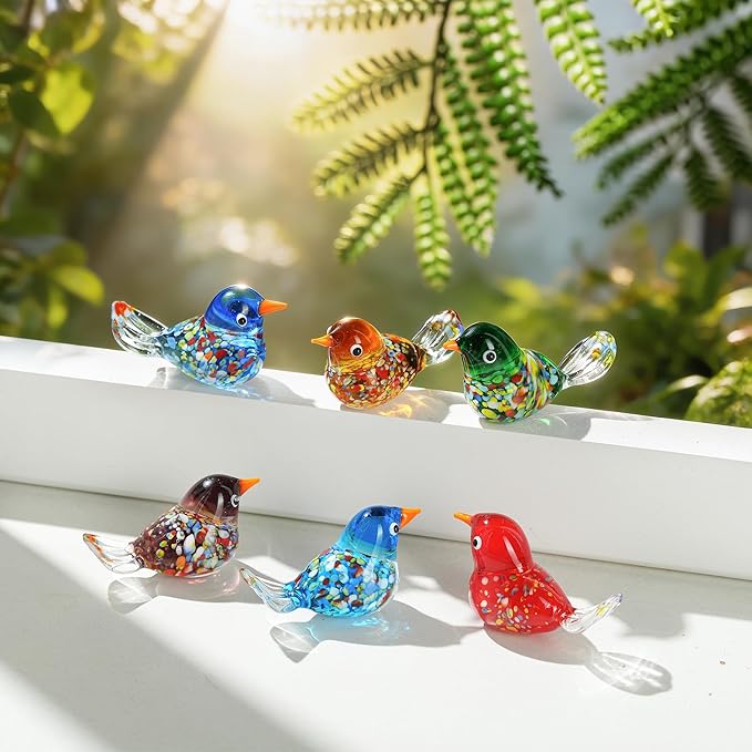 HDCRYSTALGIFTS 6pcs Hand Blown Glass Bird Figurines 1.9'' Mini Animal Statues Decorative Miniature Birds Collectibles for Home Table Decor Unique Birthday for Mom Women
