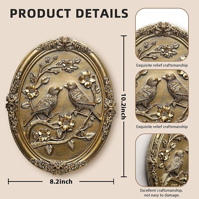 Vintage Bird Wall Sculpture,Antique Wall Decor,Retro Art Birds Sculpture,Hand Painted Wall Decoration with Embossed Couple Birds Design,Vintage Wall Decor for Living Room Bedroom Dining Room Hallway, Mothers Day Gifts