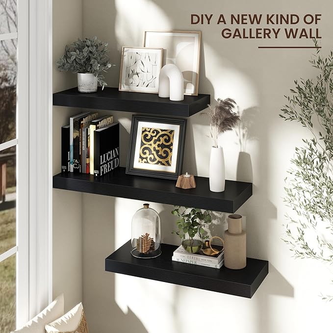 Venusmiles Floating Shelves for Wall, 30" W x 12" D x 2" H, 2 Pack of Long Wall Mounted Engineered Wood Shelves with Invisible Brackets for Living Room, Bedroom, Bathroom, Kitchen Decor, Black
