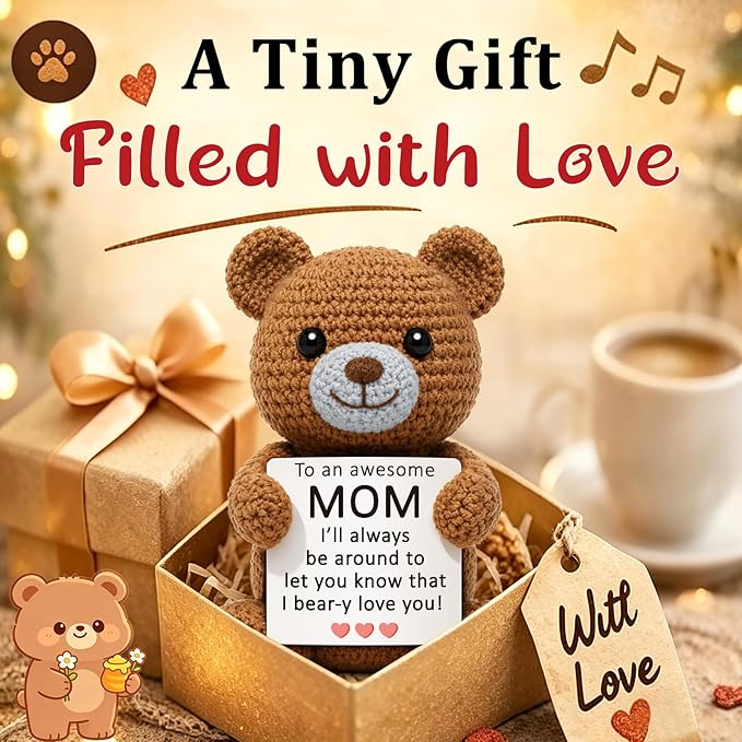 WELLBANEE Birthday Gift for Mom from Daughter, Cute Crochet Bear, Thoughtful Present for Mother, Mama, Mommy, Women, Small Emotional Keepsake for Home, Bedroom, Kitchen Shelf