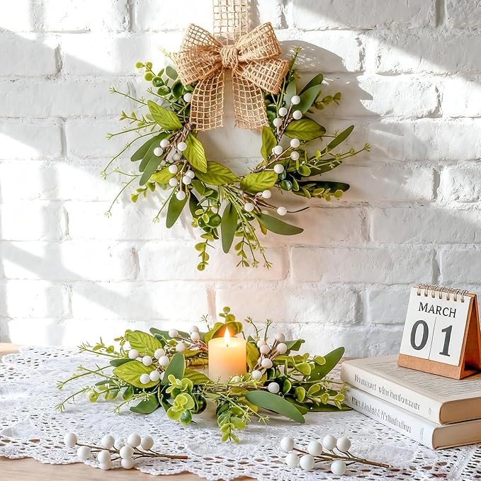 6 PCS Spring Summer Eucalyptus Kitchen Cabinet Wreaths Small Artificial Green Eucalyptus Leaf Wreath for Front Door with Ribbon Boxwood Mini Wreath for Porch Wall Window Farmhouse Wall Home Decor