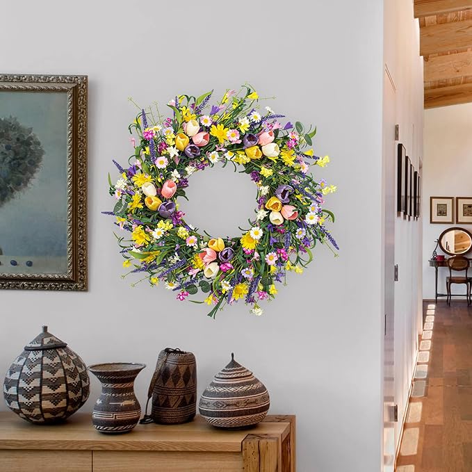 LLZLL Spring Wreath 22 inch Indoor Summer Wreaths Artificial Spring Wreaths for Front Door, Tulip Wreath with Daisy and Lavender for Home Holiday Decor