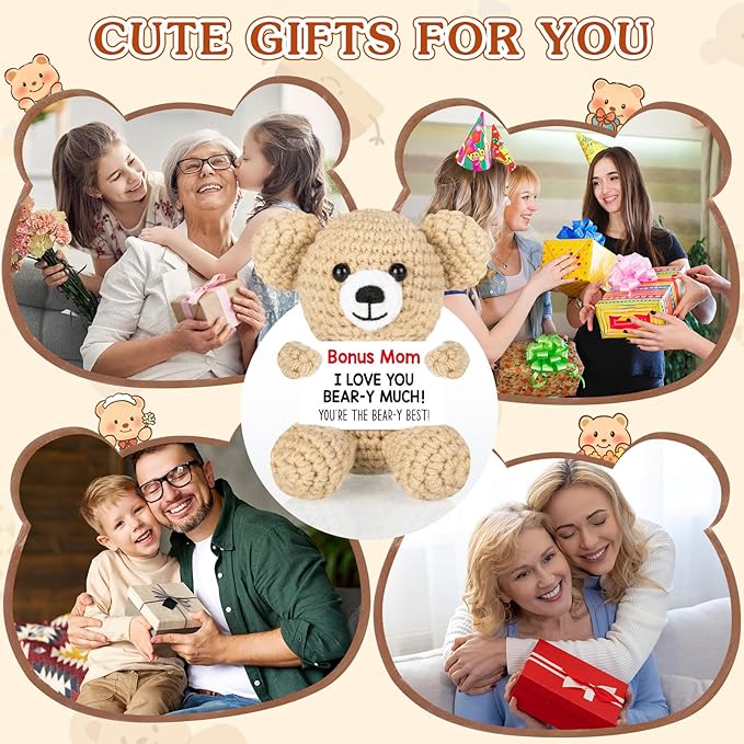 WELLBANEE Mother Gift Bonus Mom, Handmade Crochet Bear for Sentimental Mothers Day Birthday Present for Stepmom, Appreciation Keepsake for The Best Bonus Mom Ever, Small Desk or Shelf Décor Bear
