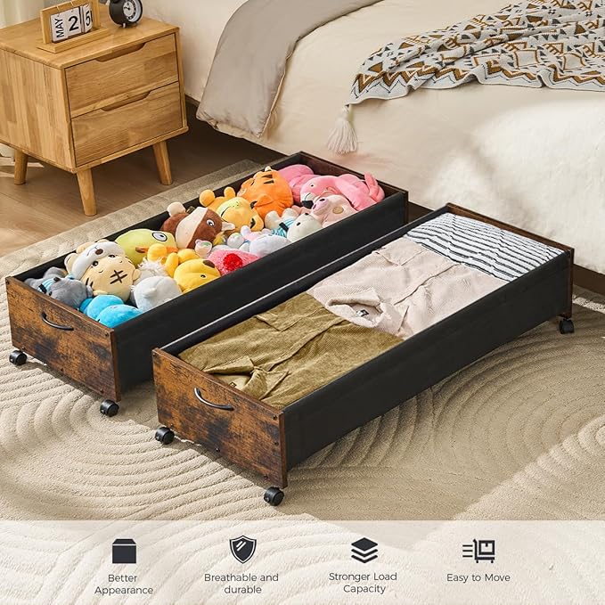 Under Bed Storage with Wheels, Wooden Under Bed Drawers On Wheels, Rolling Under Bed Shoe Storage, Space Saving,Rustic Brown,80L