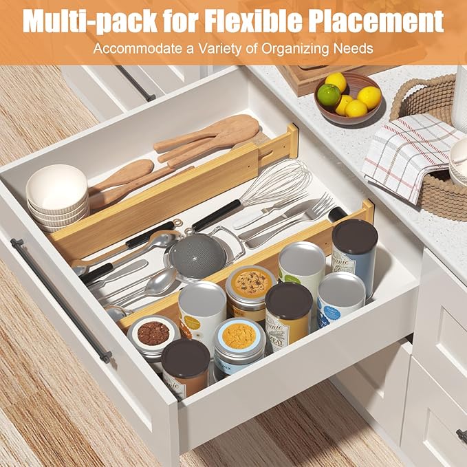 Bamboo Drawer Dividers,17-22" Adjustable Kitchen Drawer Organizer for Clothes,8 Pack Expandable Drawer Organization Separators for Bedroom,Bathroom,Dresser and Office,Natural