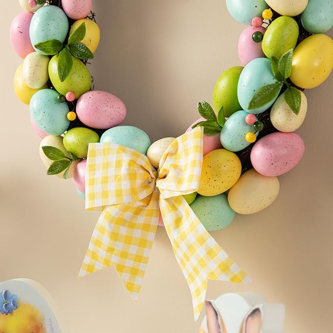 Glitzhome 18" H Easter Wreath with Artificial Easter Eggs Berries for Front Door Wall Decor, Spring Easter Egg Shaped Garland with Colored Eggs Bow Knot Holiday Decoration
