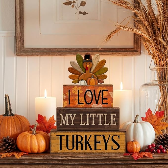 Lineshading 4 Pcs Fall Table Decorations for Home Thanksgiving Turkey Wooden Stacked Sign Decor Thanksgiving Tiered Tray Decor Rustic Wooden Turkey Block Sign for Autumn Harvest Party Kitchen Shelf