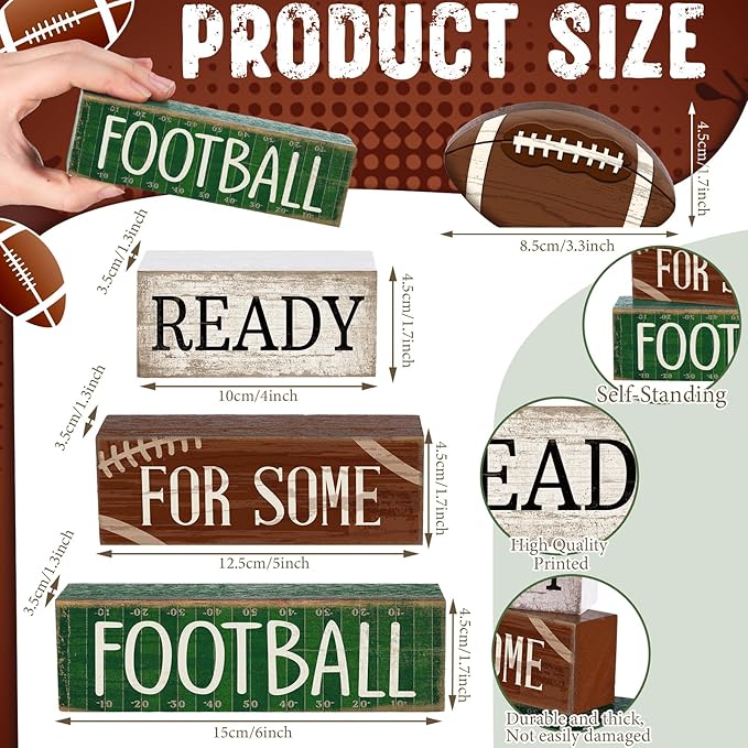 Yuntau 4 Pcs Football Fall Table Decoration Happy Football Wooden Block Sign Rugby Tiered Tray Decor Centerpiece Decorative Faux Book Stack for Holiday Tabletop Fireplace Shelf Desk Party Decor