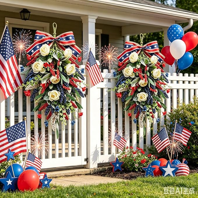 2 Pack 21'' Patriotic Teardrop Swag Wreaths for Cabinets Artificial 4th of July Swag Wreath with White Roses Red Blue Spike Flowers Eucalyptus Leaves for Independence Day Memorial Day Front Door Porch