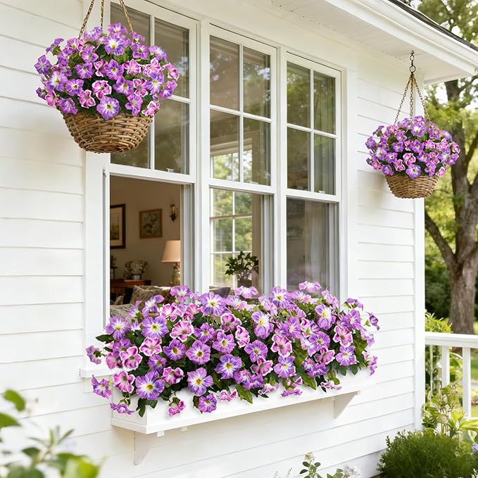 6 Pcs Artificial Petunia Flowers for Outdoor, Fake Spring Petunias Faux Silk Flowers for Outdoors UV Resistant Plants for Planters Garden Porch Patio Window Box Indoor Table Decor(Violet Lotus)