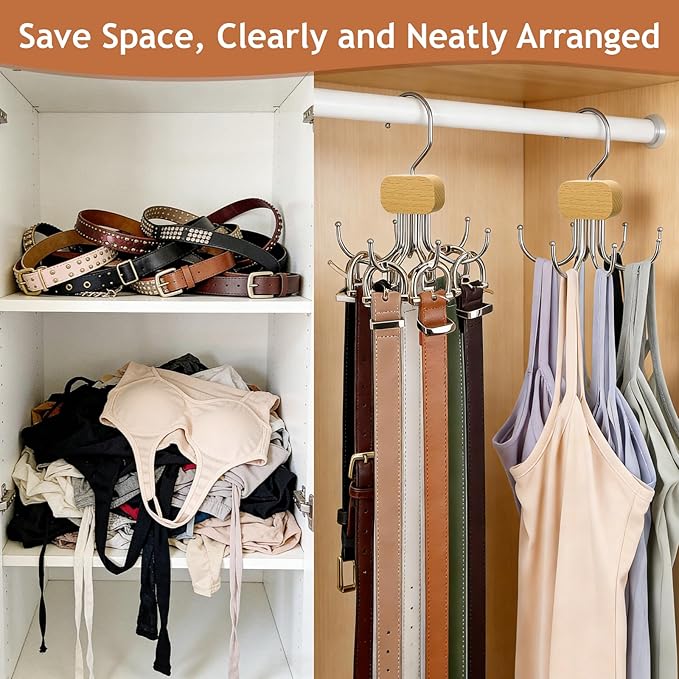3 Pack Belt Hanger for Closet Organizer, 2026 Upgraded Tie Hangers for Space Saving & Storage, 360° Rotatable & Foldable Hooks, Large Capacity Rack for Tank Top, Bra, Purse (Natural)