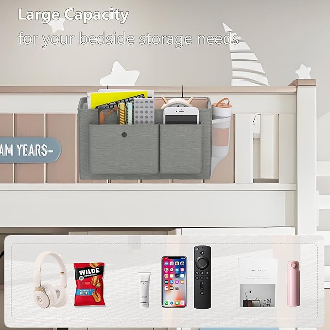 Edudif Bedside Caddy Bedside Organizer with Fixed Straps & Water Bottle Holder, Bunk Bed Caddy ideal for Home, Dorm, Hospital, Crib, Versatile Bedside Storage Solution