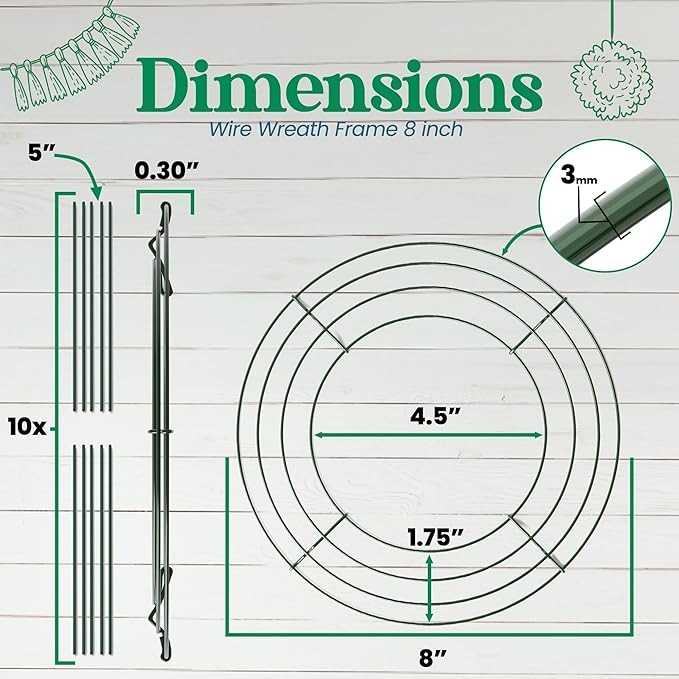 2-Pack 8 Inch Wire Wreath Frame – Round Metal Wreath Form with Ring Design for DIY Crafts, Floral Projects, and Home Decor – Dark Green Wire Frame for Christmas Holiday & Weddings