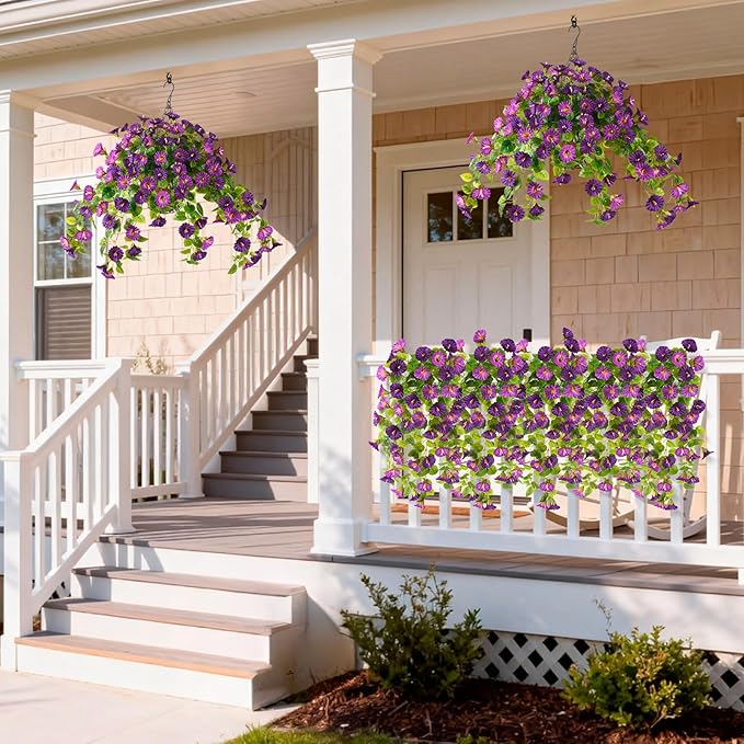 Homsunny 3 Bundles Artificial Hanging Fake Flowers with Basket Plants for Outdoor Spring and Summer Decoration, Faux Silk Flower UV Resistant Morning Glory for Home Porch Patio Garden Balcony Yard
