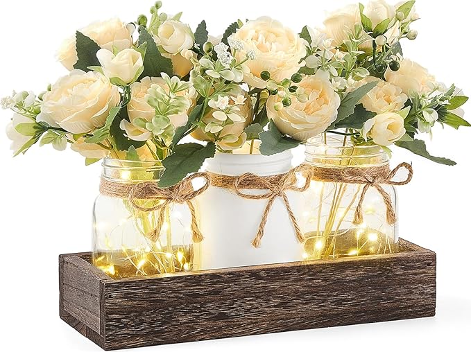Mkono Mason Jar Lights Centerpiece Table Decor for Dining Room Farmhouse Wood Tray with 3 Jars Flowers Valentines Day Decoration for Coffee Table Kitchen Living Room Wedding