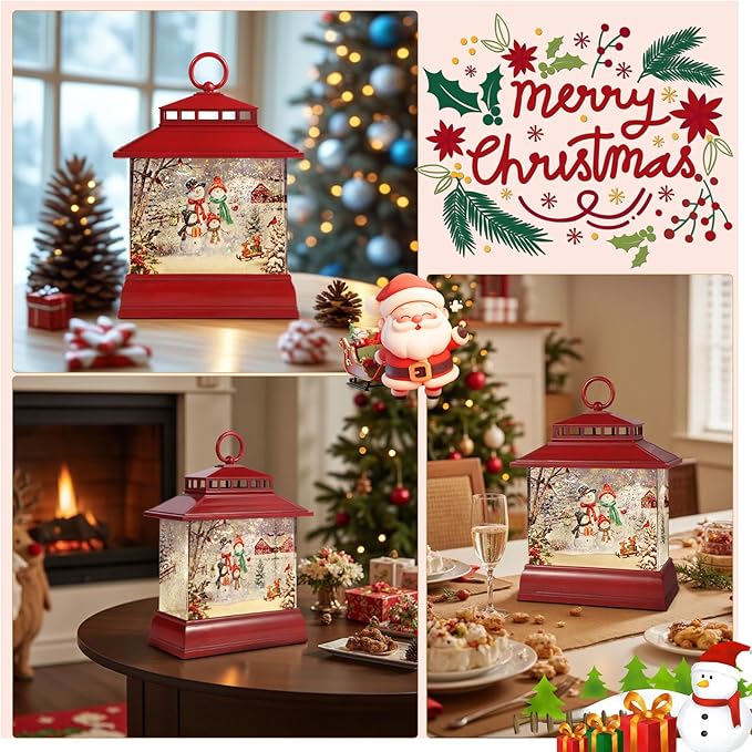 Christmas Snow Globe Lantern Water Glittering Lantern with 8 Songs & 6H Timer Romote Control Christmas Snow Globes USB & Battery Operated for Christmas Festival Decorations Gifts (Snowman Family)
