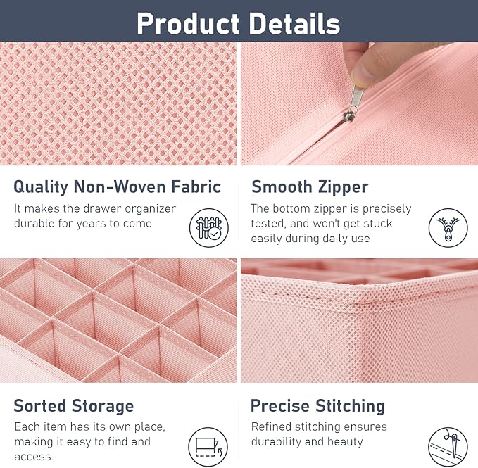 DIMJ Sock Organizer Drawer Organizer - Closet Organization and Storage, Underwear Drawer Organizer for Storing Socks, Handkerchiefs, Ties, Belts,Pink