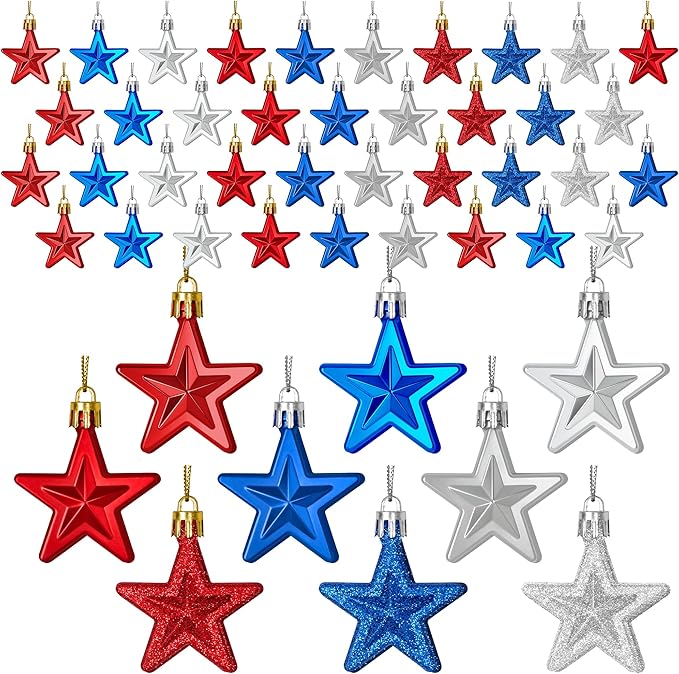 48PCS Fourth of July Decorations for Tree, America Star Ornaments, Pre-Assembled Patriotic Star Ornaments, Red Silver and Blue 250 Anniversary USA Merchandise for Independence Day Memorial Day Decor