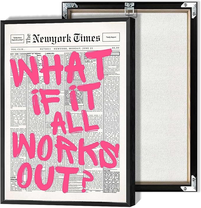 Drimiler Retro Newspaper Pink Font Poster What If It All Works Out Canvas Wall Art Positive Affirming Quote Minimalist Prints Painting For Home Bedroom Dorm Wall Decor 16x24in Framed