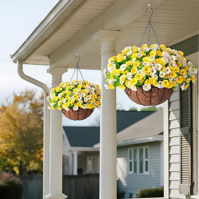 Artificial Hanging Flowers with Basket, Faux Silk Petunias Flower Arrangement, Coconut Lining with Morning Glories Fake Plants Patio Garden Porch Deck Fall Decor(Yellow and White)