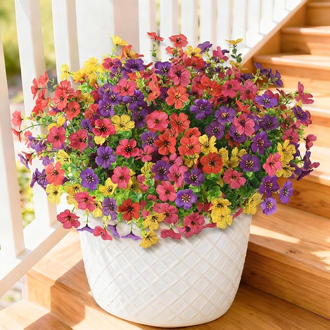 Artificial Flowers for Outdoors, 12 Bundles Multicolor Silk Fake Flower for Spring Summer Decoration, UV Resistant No Fade Artificial Outdoor Plants for Home Planter Porch Patio Yard Decor