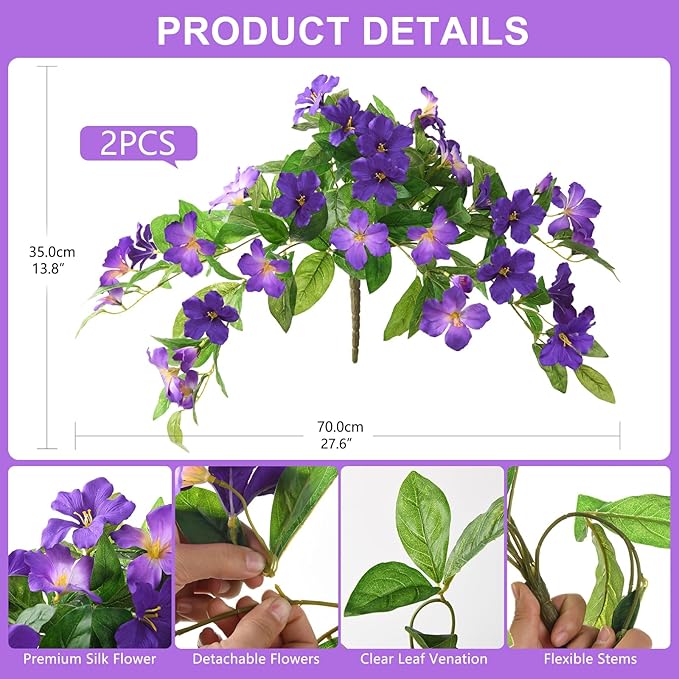 Homsunny Artificial Fake Flowers Plants Outdoor, 2PCS Realistic Faux Silk Flowers UV Resistant Fake Outdoor Flowers for Spring Outside Porch Garden and Home Patio Yard Decor (Double Purple)