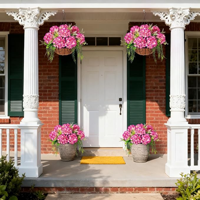 Artificial Hydrangea Flowers with Hanging Basket Planter for Spring Decoration, Fake Silk Flowers Outdoor Arrangements, Faux Hanging Plants for Garden Balcony Outside Decor (Fuchsia)