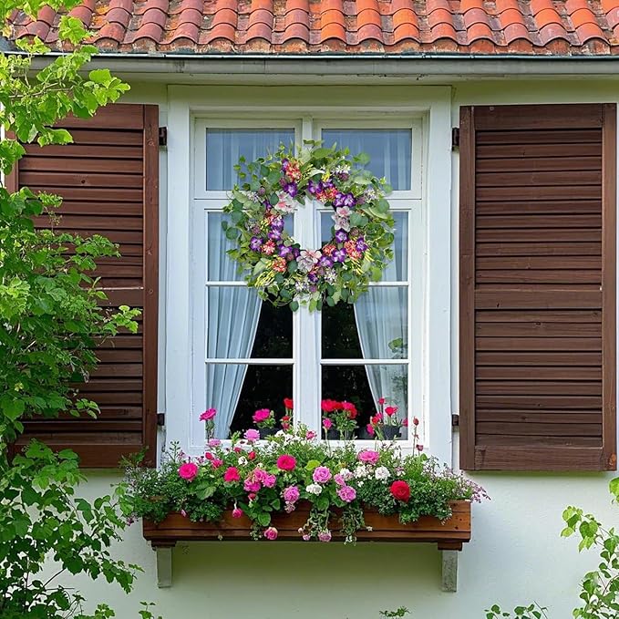 Jobflower Spring Wreaths for Front Door, 24 Inch Purple Summer Wreath Everyday Artificial Wild Flower Wreath for Wedding Home Wall Window Porch Indoor Decor