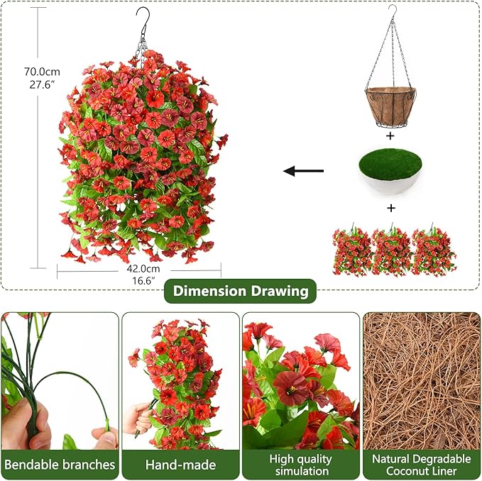 Artificial Fake Hanging Flowers Plants Baskets for Outdoor Spring Summer Decorations,Resistant Faux Morning Glory Silk Plants for Outside UV Resistant Patio Yard Home Porch Decor(Red Brown)