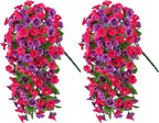 Artificial Fake Hanging Flowers Plants for Outdoor Spring Summer Decoration, 2PCS Faux Silk Morning Glory Long Vines Stems UV Resistant Look Real for Outside Home Porch Patio, Hot Pink Purple
