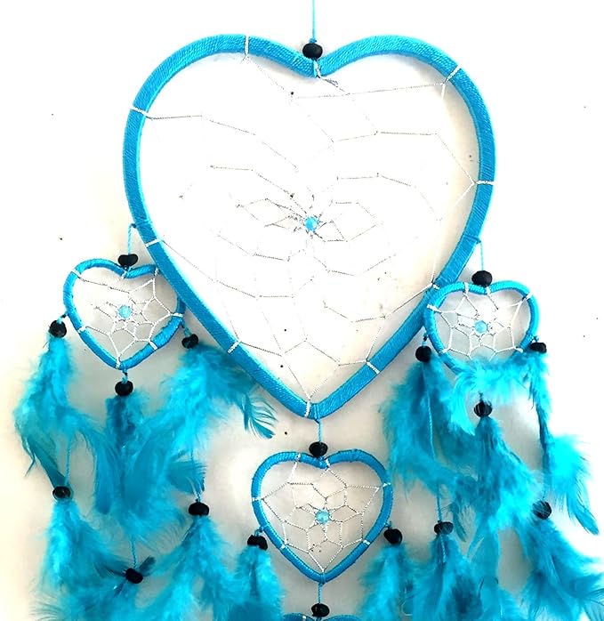 OMA Dream Catcher - Hand Made Turquoise Blue Feather Dream Catcher Heart Shaped with Crystal Beads - 7" Diameter & 24" Long - OMA Federal (TM) Brand