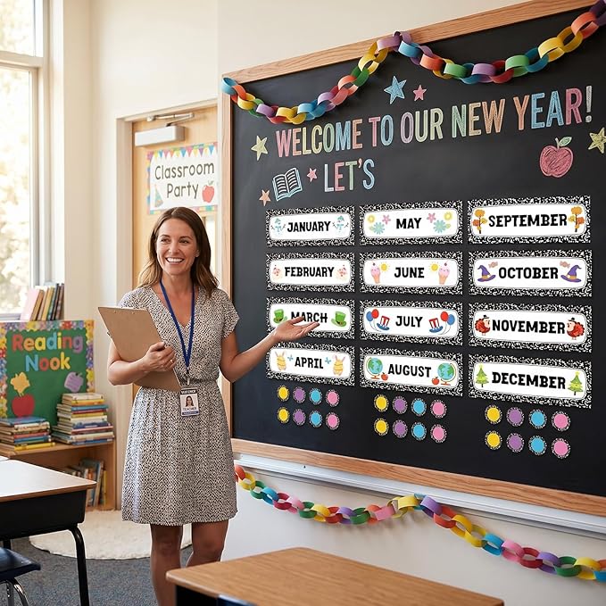 Zonon 48 Pcs Months of the Year Bulletin Board Set 12 Monthly Headliners Holiday Seasonal Monthly Bulletin Board Borders with 36 Round Blank Confetti Cutouts for Classroom (Trendy Style)