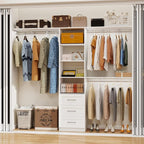 Closet System with Drawers, 5-8FT Closet Organizer Systems with Expandable Hanging Rods, 96" Closet Shelving Systems for Walk in Closets, Heavy Duty Wall Mount Closet Systems-White