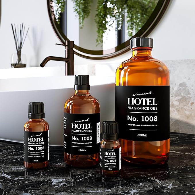 AirScent Hotel Diffuser Oil No. 1008 - White Tea, Aloe Vera & Sandalwood - Hotel Scent Dupe - Premium Fragrance Oil for Ultrasonic and Waterless Diffusers and Crafting - 10 mL, .34 fl oz Glass Bottle