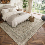 Washable 6x9 Area Rugs for Living Room, Boho Non-Slip Vintage Distress Large Rugs for Bedroom Dining Room Nursery Office, 0.3" Neutral Oriental Throw Thin Carpet, Flaxen/Brown/Multi