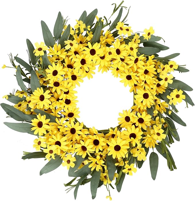JINGHONG Yellow Spring Wreath 22 Inch Summer Wreath with Sunflower and Daisy Flower Wreaths for Front Door Window Wall Decoration and Indoor Outdoor Decor