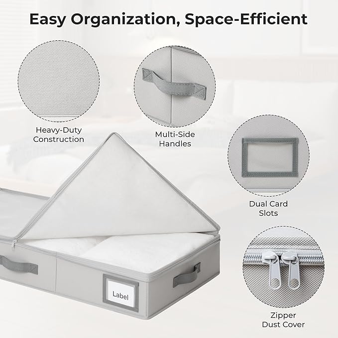 GRANNY SAYS 6.5-Inch Foldable Underbed Storage Box with Lid, Sturdy Frabic Organizer with Reinforced Bottom for Clothes, Shoes, Low-Profile Underbed Container for Bedroom, Closet,2 Pack, Grey