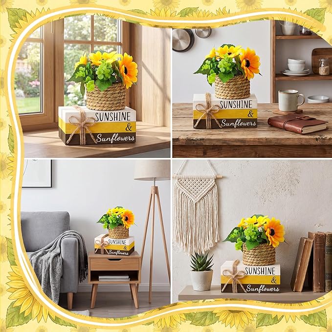 Wesiti 4 Pcs Summer Table Centerpieces Decorations Farmhouse Tiered Tray Decor Sunflower Fake Book Stack Decor Summer Decoration for Home Wooden Block Sign for Desk Tabletop Shelf Indoor