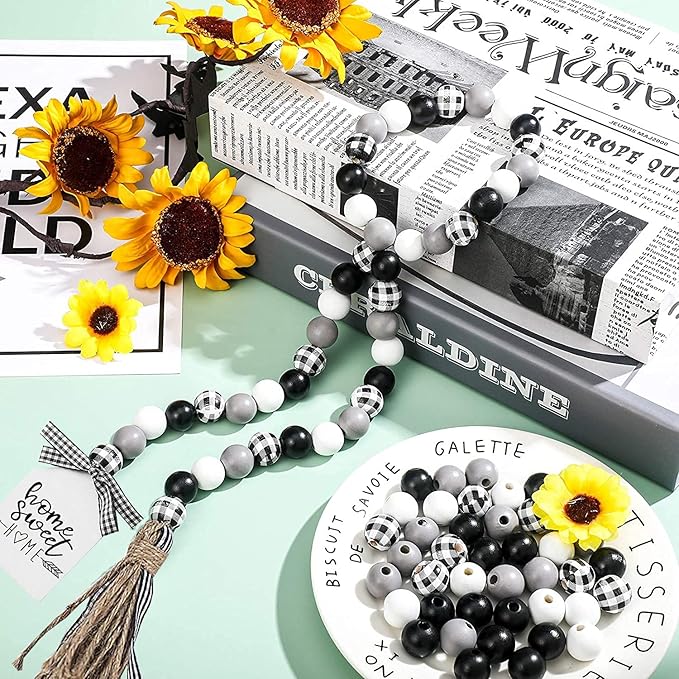 Farmhouse Plaid Wood Bead Garland with Tassel 40inch Hanging Decor Home Decorative Home Sign for Farmhouse Tiered Tray Wreath