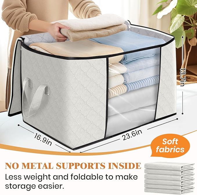 Fab totes 24 Gallons Clothes Storage, Foldable Thick Fabric Blanket Storage Bags, Containers for Organizing Bedroom, Closet, Clothing, Comforter, Organization with Handle (8 Pack,Ivory)