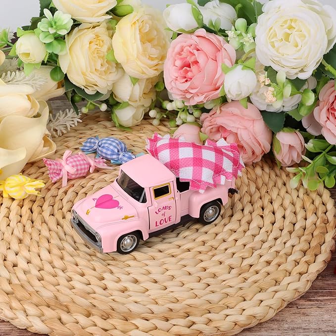 Valentine’s Day Metal Truck with Hearts Pink Truck Vintage Romantic Tiered Tray Decor for Farmhouse Metal Car Model Valentine’s Day Table Centerpiece Supplies