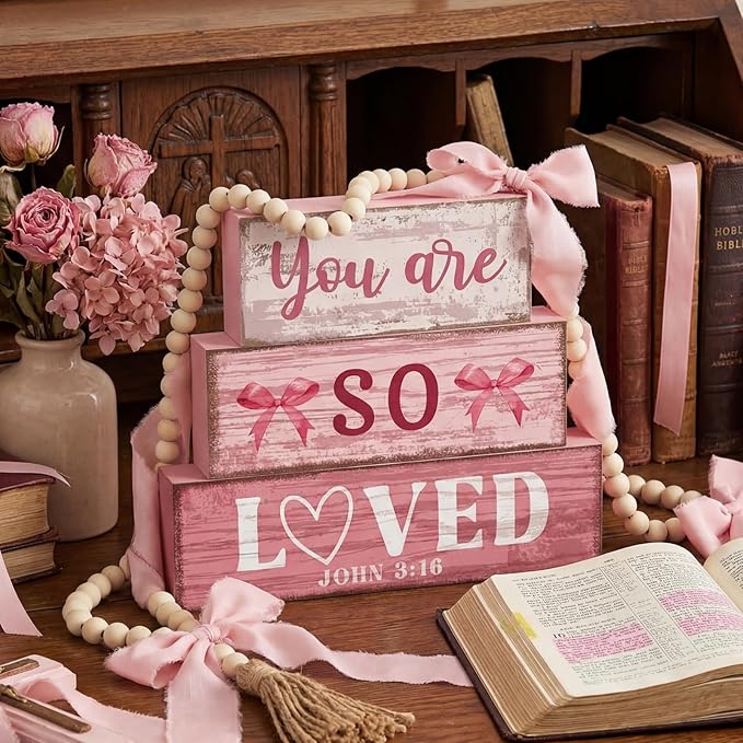 Yuntau 4 Pcs Pink Bow Decoration Christian Gifts for Women Wooden You Are So Love Farmhouse Tiered Tray Decor Inspirational Bible Verse Quotes Block Sign Table Centerpiece for Desk Shelf Room