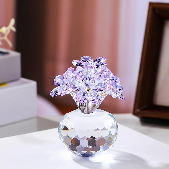 Qianwei Purple Crystal Flowers Figurine - Forget Me Not Gifts Sympathy Glass Flowers Collectible Figurines Decor Paperweight Ornament Home Office Table Desk Decorations