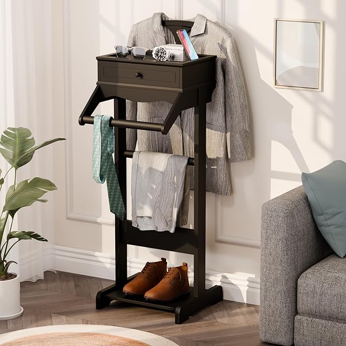 Brefhome Mens Valet Stand with Drawer & Tray, Wooden Clothing Rack for Men Women, Modern Garment Rack for Entryway, Bedroom, Black (Tray + Drawer)