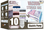 HIBAG Vacuum Storage Bags with Electric Pump, Vacuum Seal Bags for Clothing, Pillows, Blanket Bedding Comforters, 10 pack Jumbo