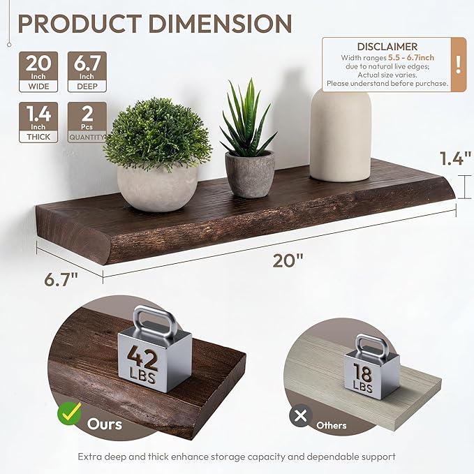 Marsmiles 20 inch Floating Shelves for Wall Elm Wood Live Edge Shelves|Rustic Wall Shelves with Invisible Heavy-Duty Bracket for Bathroom Living Room Kitchen|Walnut, 2 Pack