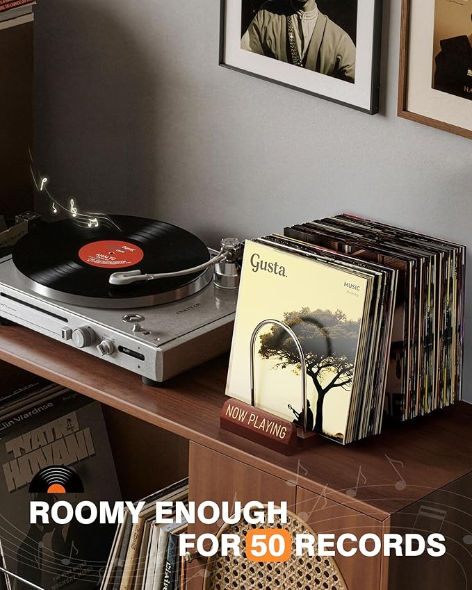 Bulado Now Playing Vinyl Record Holder, Wooden Vinyl Record Storage with Front Display Groove, Album Storage Stand Organizer for 50 LPs, Easy to Assemble, Magazine Holder Rack for Gift